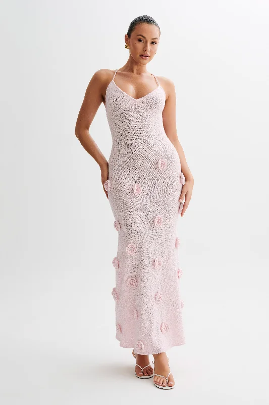Suki Knit Maxi Dress With Flowers - Baby Pink Feminine Women's Soft 