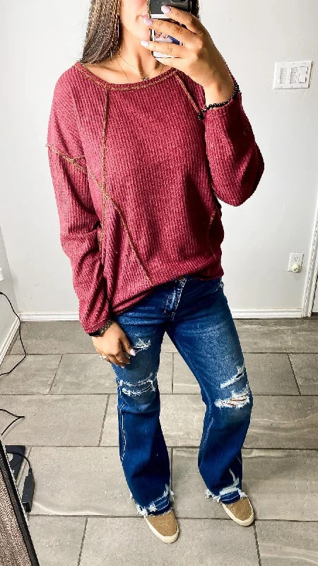 Burgundy Raw Hem Top Women