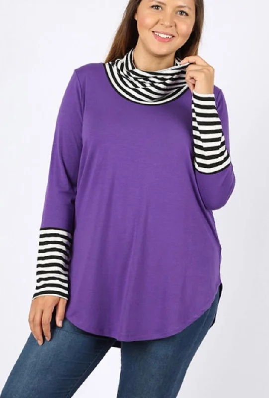 Purple Striped & Solid Cowl Neck Top *Plus* Hip Women's Retro