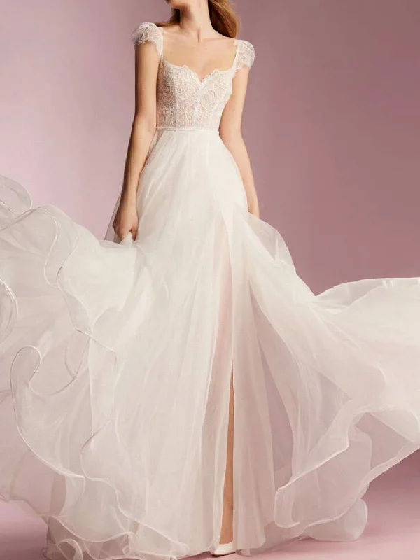A-line Wedding Dress With Cap Sleeves Square Neckline Athletic Women's High - 