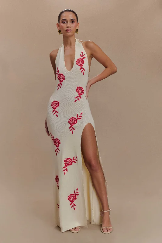 Shiloh Rose Knit Halter Maxi Dress - Ivory Feminine Women's Soft 