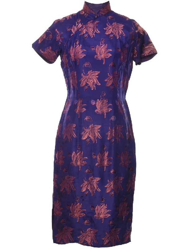 Brocade Design Purple Floral Evening Dress - M Sleek Women's 