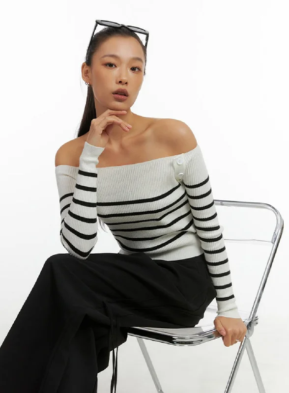 Stripe Buttoned Off-Shoulder Top IO409 Hip Women's Retro