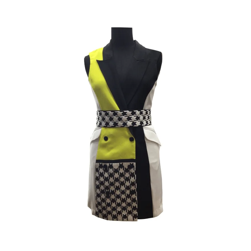 Yellow Neon Houndstooth Blazer Dress with Belt Gym