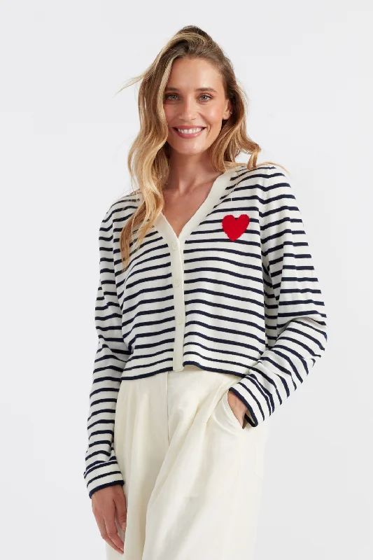 Cream-Navy Merino Heart Breton Cardigan Country