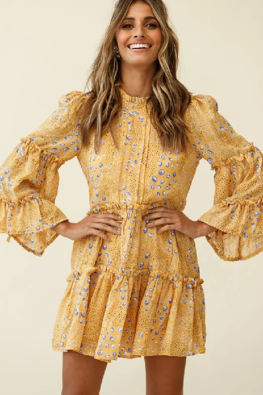 Beatrix High Neck Bell Sleeve Dress Droplet Print Yellow Trendy Women's Oversized