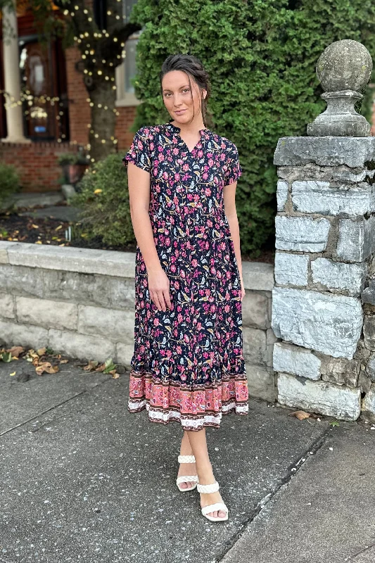 The Larissa Flutter Sleeve Midi Dress in Navy Floral Modern Women's 