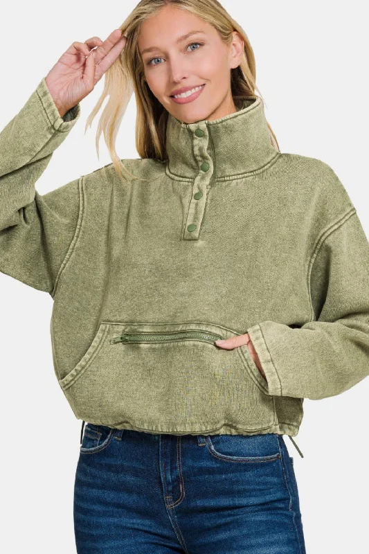 Acid Wash Fleece Half Snap Sweatshirt with Pocket Athletic Women's 