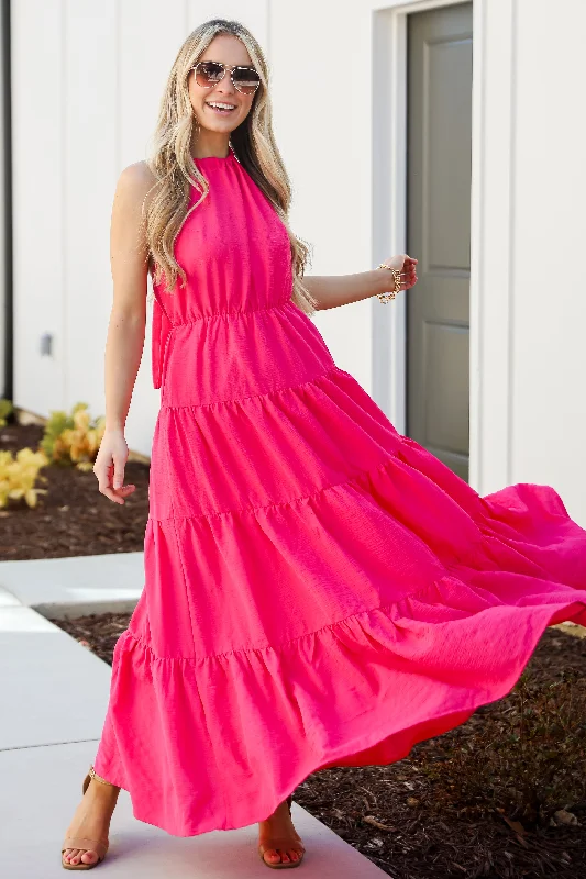 FINAL SALE - Sun-Sational Magenta Tiered Halter Maxi Dress Bold Women's Statement