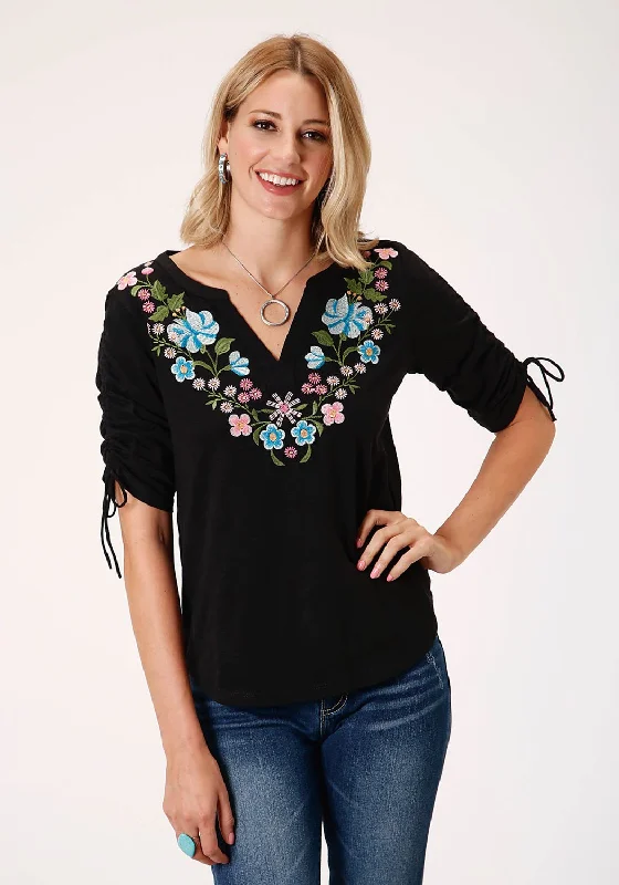 Roper Womens Black 100% Cotton Floral Crewel S/S Ties Tunic Laid - back Women's Style