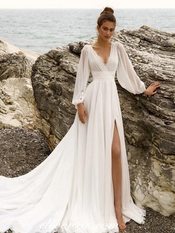 V-neck Chiffon Long Sleeves A-line With High Slit Beach Wedding Dresses, CW0363 Trendy Women's V-neck Chiffon Long Sleeves A-line With High Slit Beach Wedding Dresses, CW0363 Trendy Women's