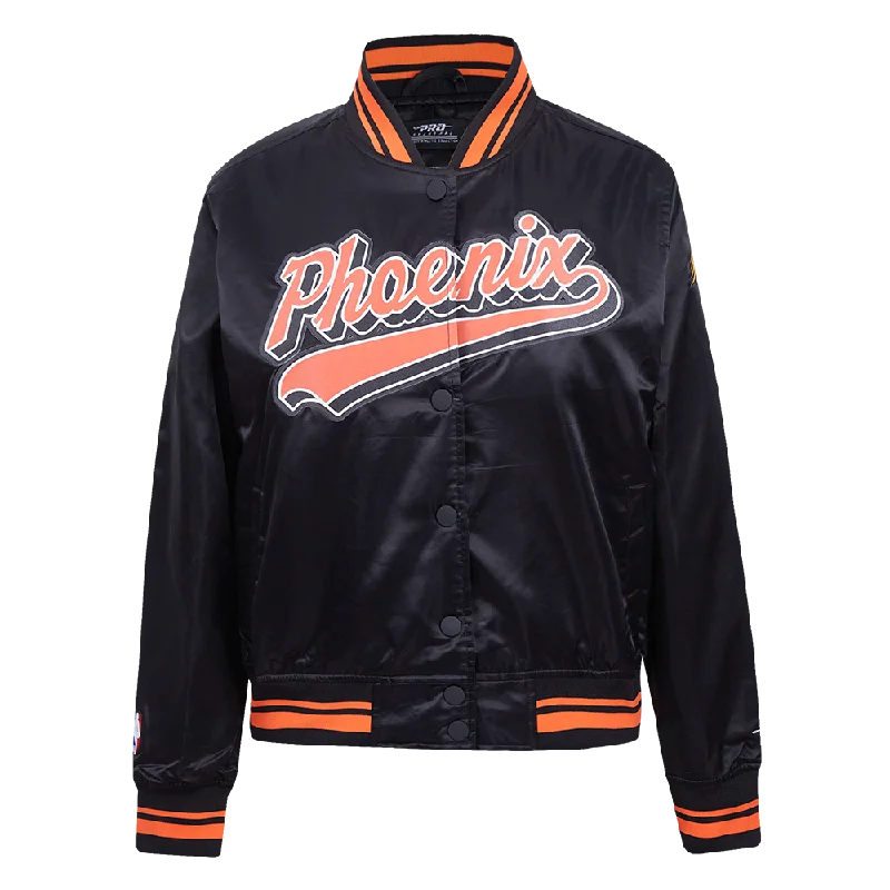 NBA PHOENIX SUNS SCRIPT TAIL WOMEN'S SATIN JACKET (BLACK/ORANGE) Cozy Women's Winter