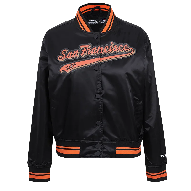 MLB SAN FRANCISCO GIANTS SCRIPT TAIL WOMEN'S SATIN JACKET (BLACK/ORANGE) Laid - back Women's Vibe