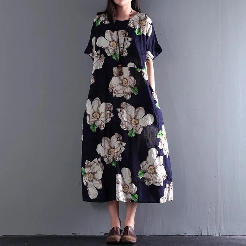 Plus Size Vintage Summer Floral Linen Maxi Dress Youthful Women's Pop