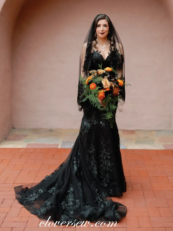 Black Lace Applique Strapless Mermaid Charming Halloween Wedding Dresses, CW0371 Laid - back Women's Vibe Black Lace Applique Strapless Mermaid Charming Halloween Wedding Dresses, CW0371 Laid - back Women's Vibe