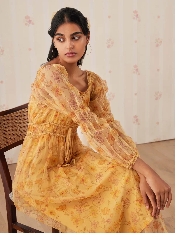 Saffron Shirred Organza Midi Dress Traditional Women's Wool