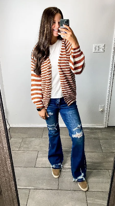 Striped Chunky Knit Cardigan Casual Women's Loose - fitting