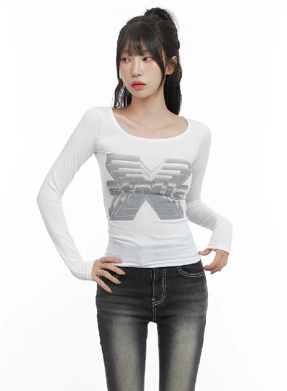 Graphic U-Neck Long Sleeve Top CG421 Practical Women's Quick - dry