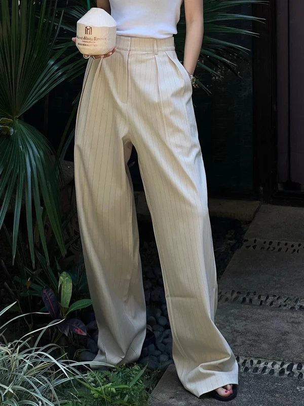 BerryBetty - Effortless Pinstripe Pleated Wide Leg Dress Pants Youthful Women's Anime - inspired