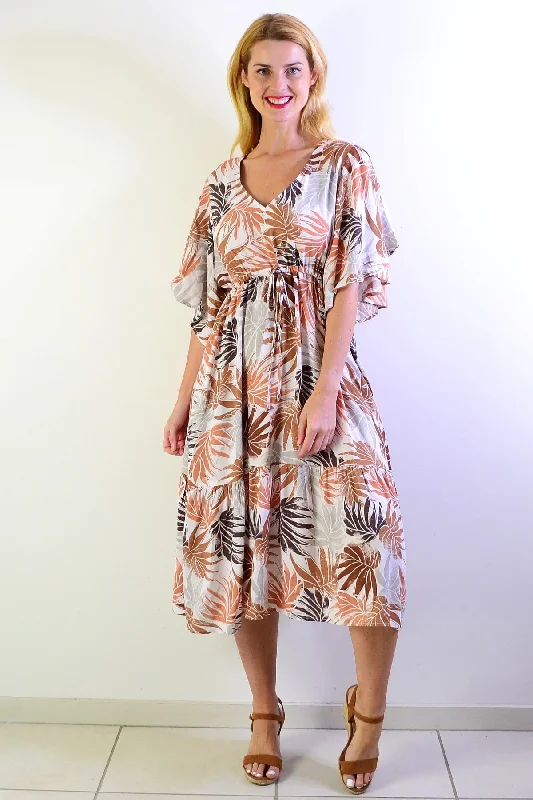 White Summer Ferns Midi Tunic Dress Casual Women's Japanese 