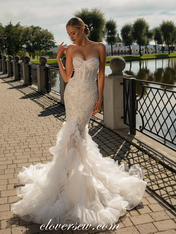 Dark Ivory Beading Lace Ruffles Mermaid Strapless Wedding Dresses, CW0355 Youthful Women's Anime - inspired Dark Ivory Beading Lace Ruffles Mermaid Strapless Wedding Dresses, CW0355 Youthful Women's Anime - inspired