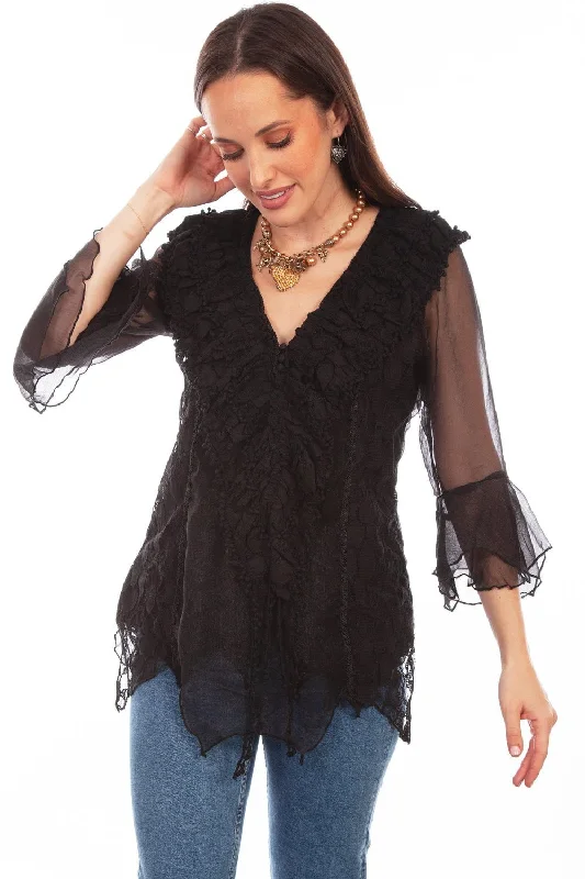 Scully Womens Black Cotton Blend Double Ruffle S/S Blouse Cozy Women's Sherpa - lined