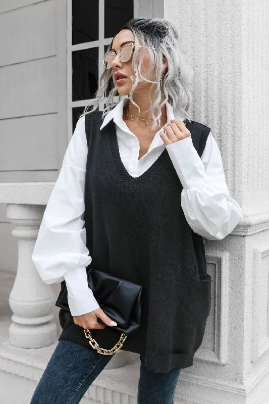 V-Neck Sleeveless Sweater Vest with Pocket Elegant Women's Formal 