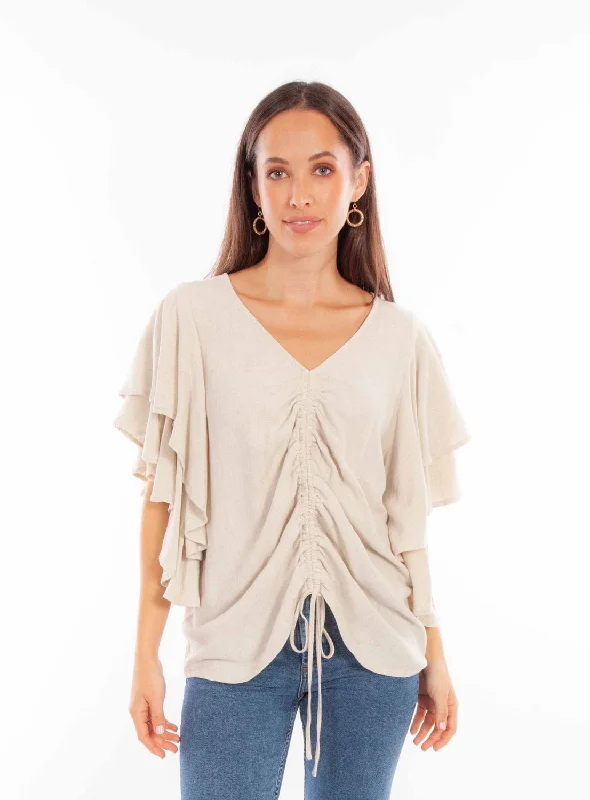 Scully Womens Cinch Front Natural Rayon Blend S/S Blouse Business