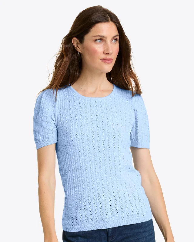 Short Sleeve Sweater in Blue Pointelle Earthy Women's 