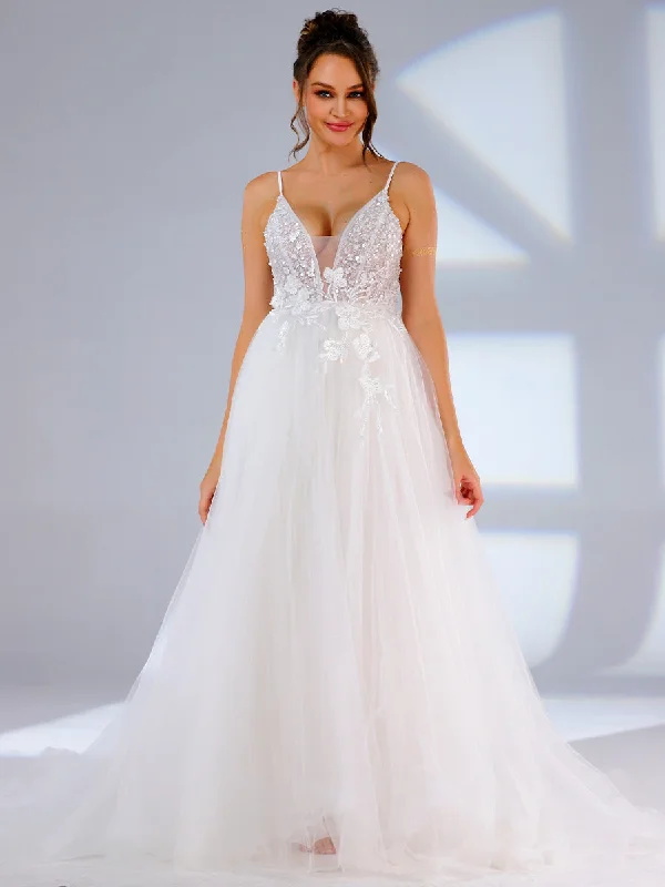 Plunging V Neck Wedding Dress A line Slip Applique Light Up garde