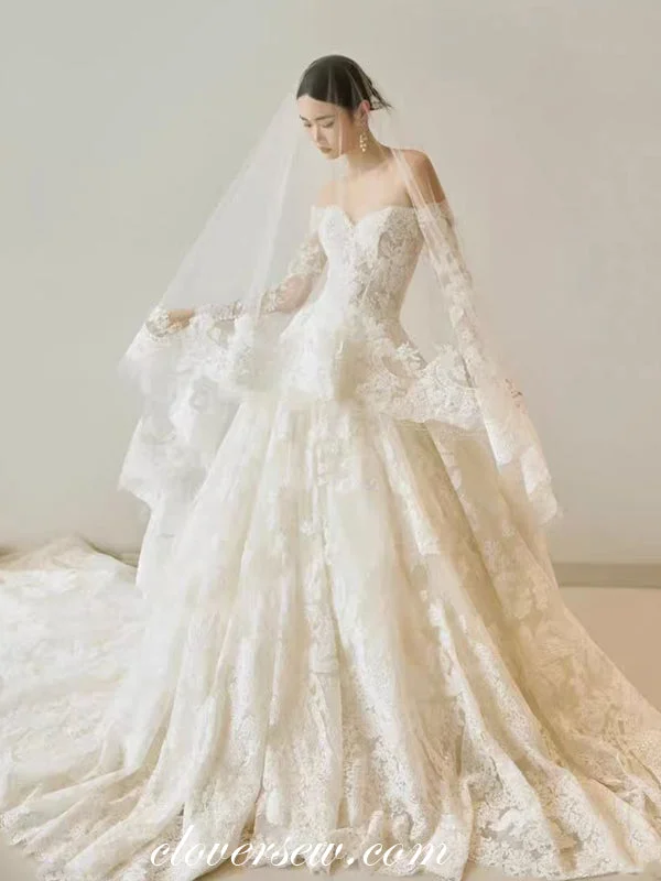 Gorgeous Ivory Lace Off The Shoulder Long Sleeves Ball Gown Wedding Dresses, CW0379 Edgy Women's Punk