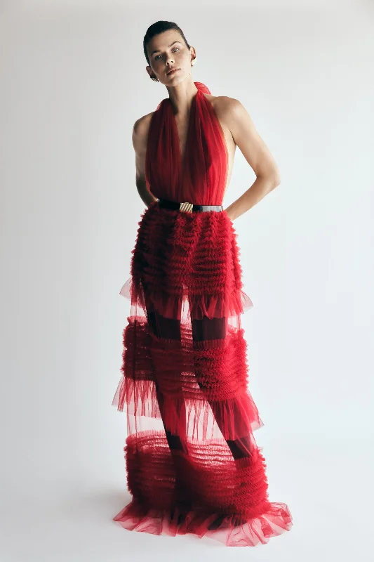 Minka Mesh Ruffle Halter Maxi Dress - Red Australian Beach