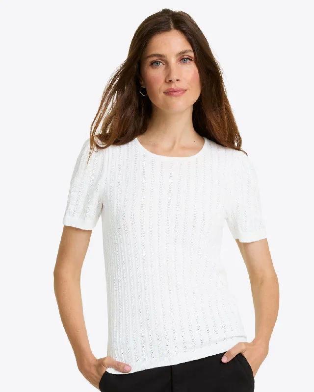 Short Sleeve Sweater in White Pointelle Cool Women's Distressed