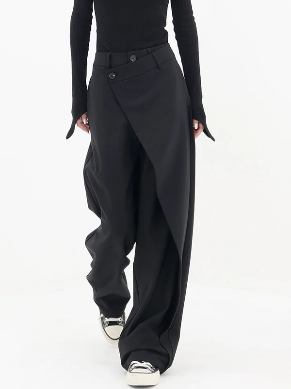 BerryBetty - Asymmetrical Layer Button Wide Leg Dress Pants Artistic Women's Hand - painted
