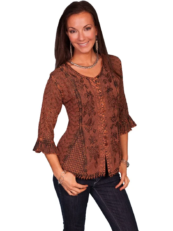 Scully Honey Creek Womens Blouse Copper 100% Rayon Embroidered 3/4 Sleeve Hip Women's Retro