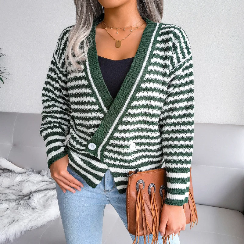 V Neck Striped Long Sleeve Knitted Sweater Wholesale Cashmere