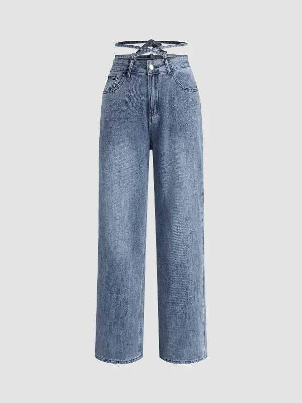 BerryBetty - Cross Tie Waist Denim Straight Leg Jeans Laid - back Women's Vibe