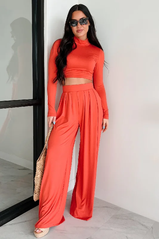 Faded Dreams Long Sleeve Crop Top & Pant Set (Dark Coral) Sleek Women's Metallic