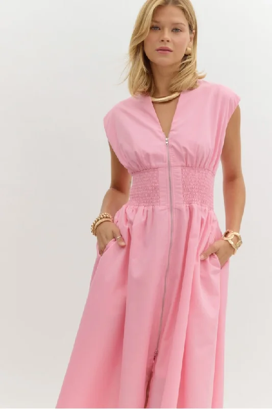 Elizabeth Zip Front Midi Dress in Baby Pink Earthy Women's 