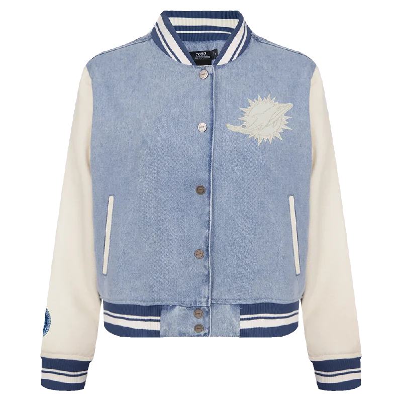 NFL MIAMI DOLPHINS VARSITY BLUES WOMEN'S DENIM VARSITY JACKET (DENIM/LINEN) Youthful Women's Anime - inspired