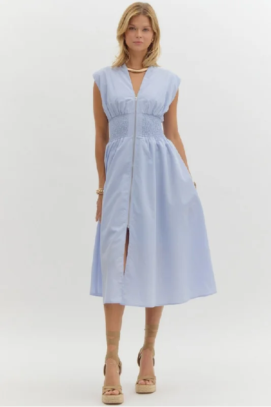 Elizabeth Zip Front Midi Dress in Baby Blue Tough Women's Military - inspired