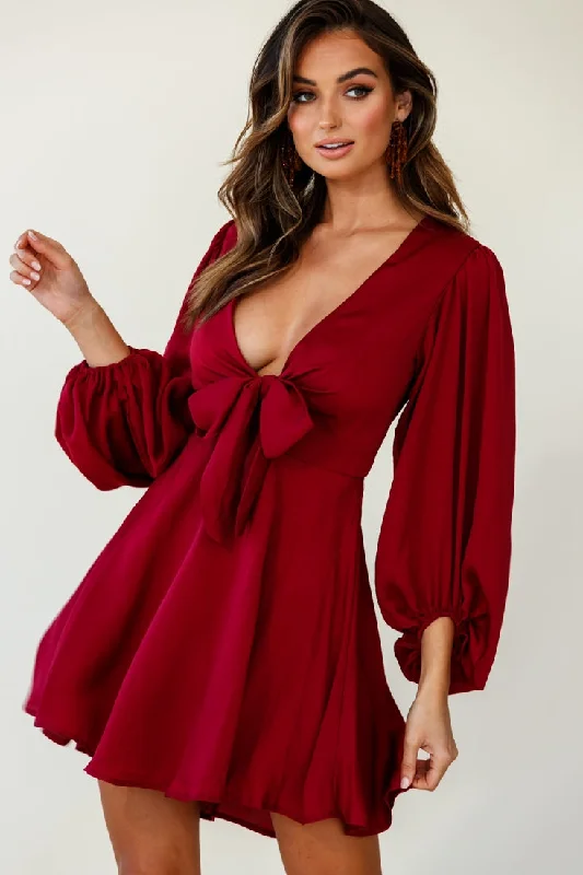 Madison Bow Tie Bust Balloon Sleeve Dress Wine Gym