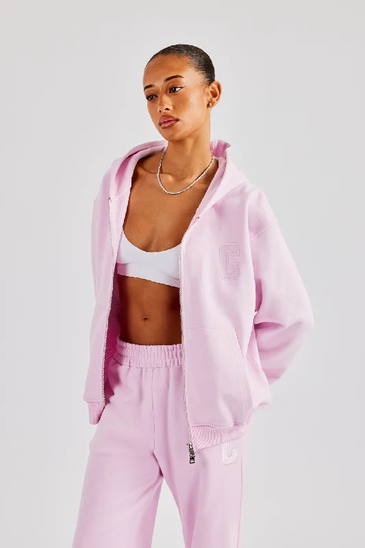Embroidered C Zip Through Hoodie - Pink Bold Women's Statement