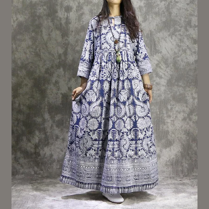 French prints linen cotton clothes For Women plus size Neckline blue Maxi Dress summer Streetwear Style for 
