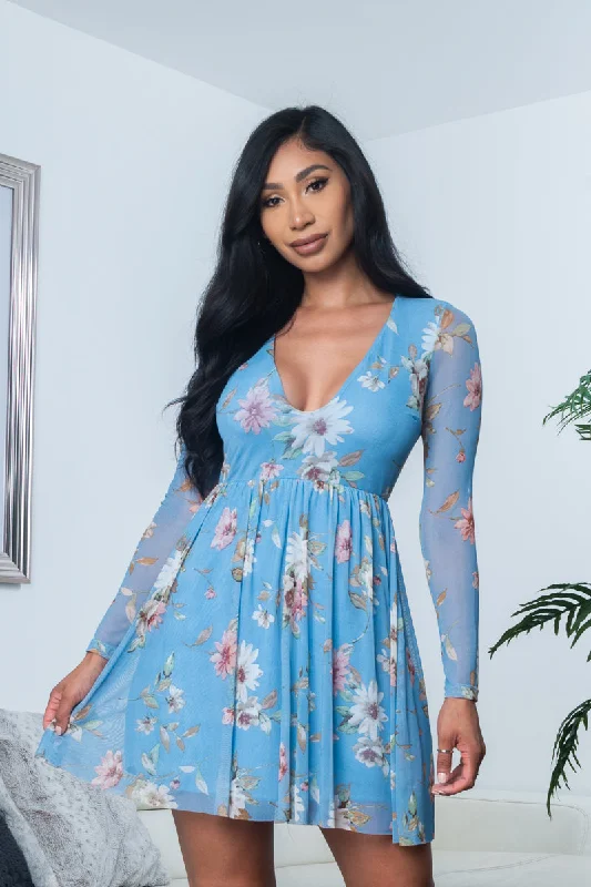 Floral Print Sheer Mesh Long Sleeve Plunge V Neck Mini Dress with Flowy Circle Skirt, Fully Lined (R6976-5) Y Unique Women's Upcycled Floral Print Sheer Mesh Long Sleeve Plunge V Neck Mini Dress with Flowy Circle Skirt, Fully Lined (R6976-5) Y Unique Women's Upcycled
