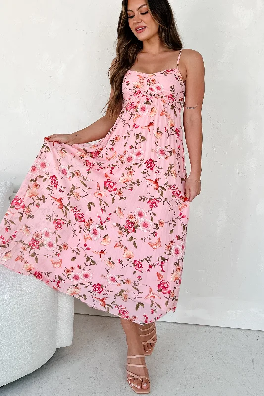 Sweet By Nature Pleated Floral/Bird Print Dress (Pink Multi) Cool Women's Distressed