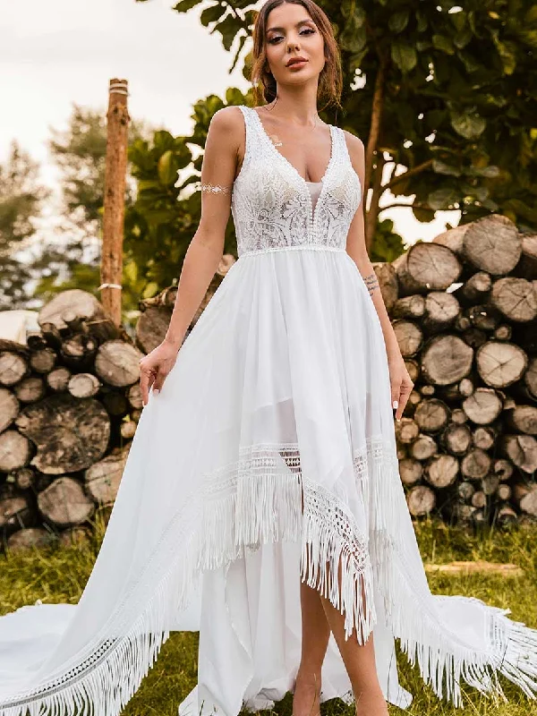 Boho High low Country Wedding Dresses V-neck A line Fringe performance