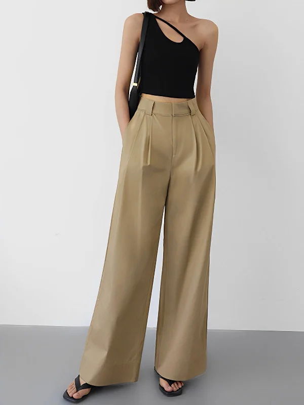 BerryBetty - Effortless Full Length Pleated Wide Leg Dress Pants Preppy Women's College