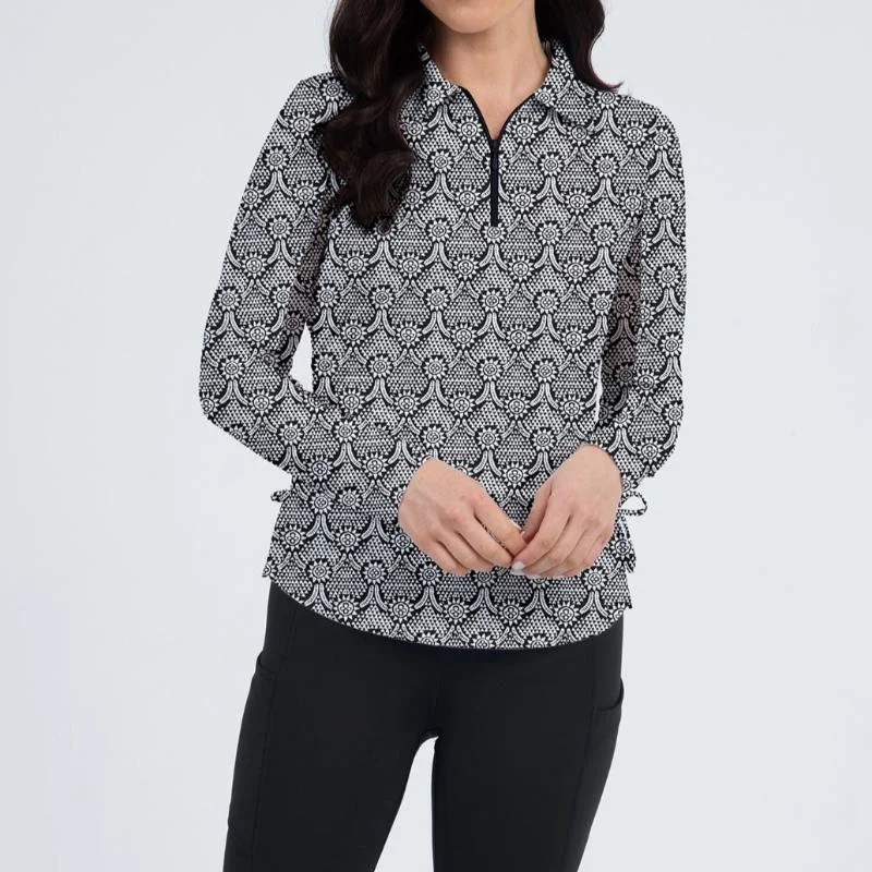 IBKUL Leslie L/S Zip Polo - Black/White Bohemian Women's Free