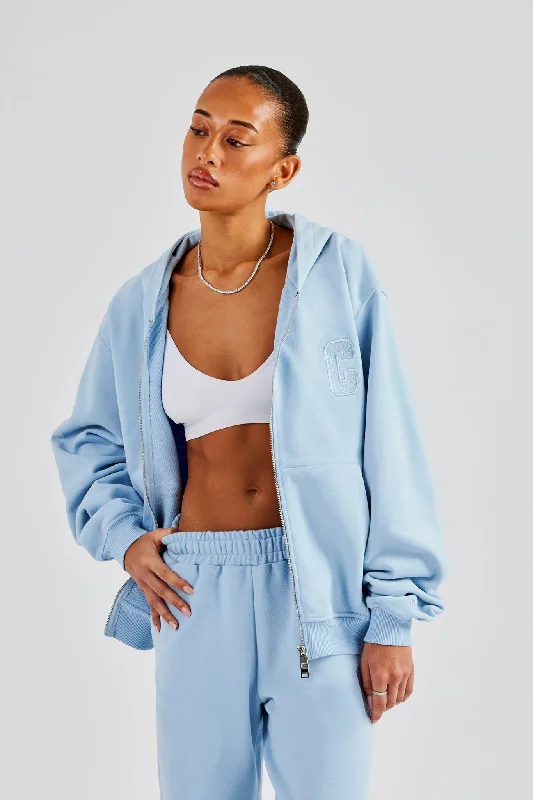 Embroidered C Zip Through Hoodie - Baby Blue purpose